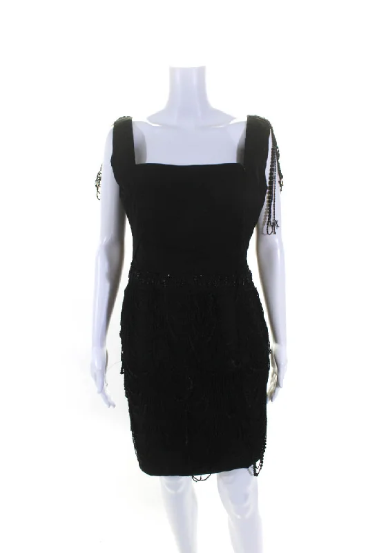Inventory Reduction Tony Ward Womens Black Silk Square Neck Embellished Sleeveless Mini Dress