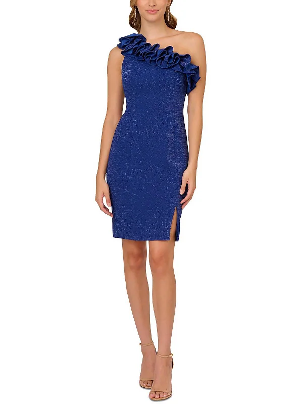 Hurry In Womens Metallic Ruffle Midi Sheath Dress