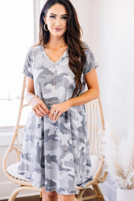 Online Exclusive All The Fun Gray Camo Dress