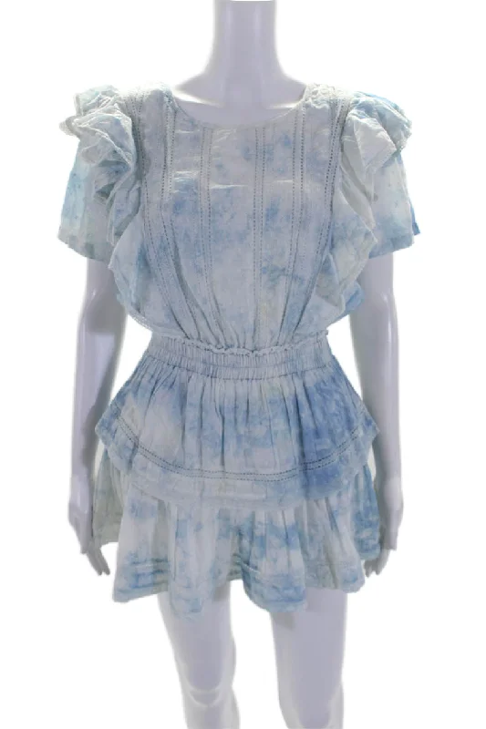 Clearance Event Love Shack Fancy Womens Blue Tie Dye Ruffle Short Sleeve Shift Dress