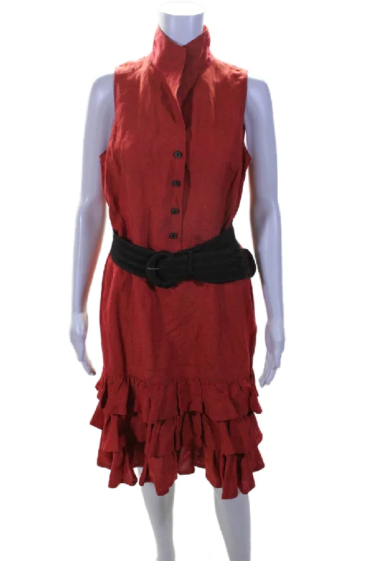 Clearance Event Lafayette 148 New York Women Ruffled Hem Sleeveless Fit & Flare Belted Dress Red