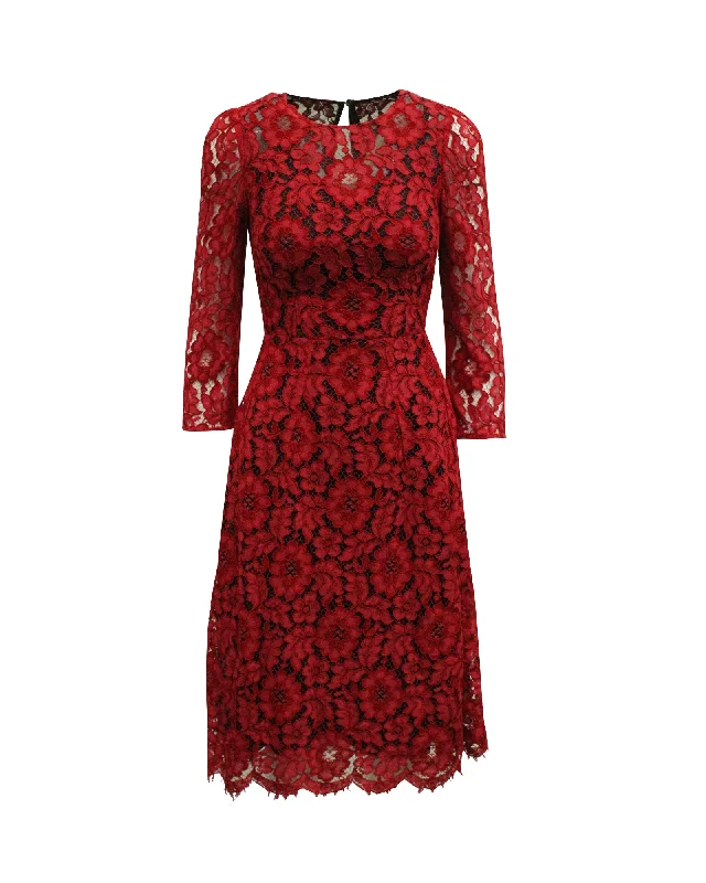 Super Savings Dolce and Gabbana Lace Midi Dress in Red Rayon
