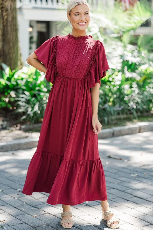 Last Chance All The Good Burgundy Red Ruffled Midi Dress
