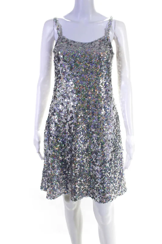 Act Now Rodarte Womens Holographic Sequin Sleeveless Mini Sheath Dress Silver