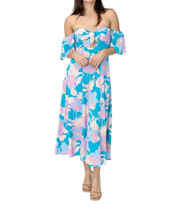 Weekend Special Off Shoulder Dress In Blue Pink Florals