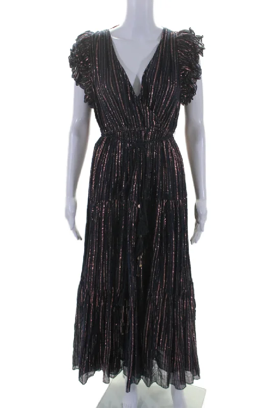 Buy Now Ulla Johnson Womens Cotton Navy Metallic Striped V-neck Ruffle Shift Dress