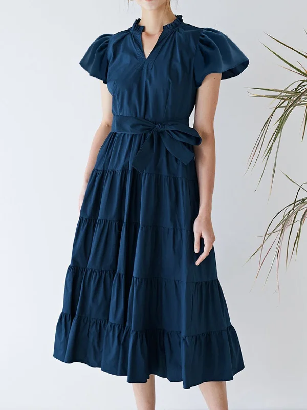 Super Deal Ruched Tiered Notched Short Sleeve Dress