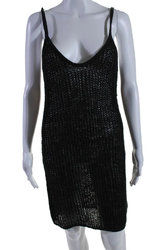 Can't Be Beat Enza Costa Womens Open Knit Linen Black Scoop Neck Sleeveless Mini Dress