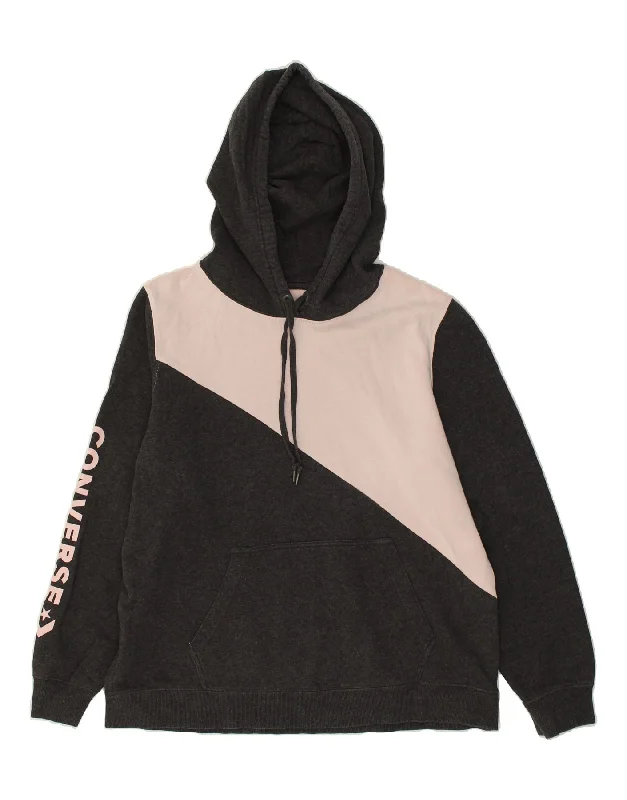 Act Fast CONVERSE Womens Graphic Hoodie Jumper UK 16 Large Grey Colourblock Cotton