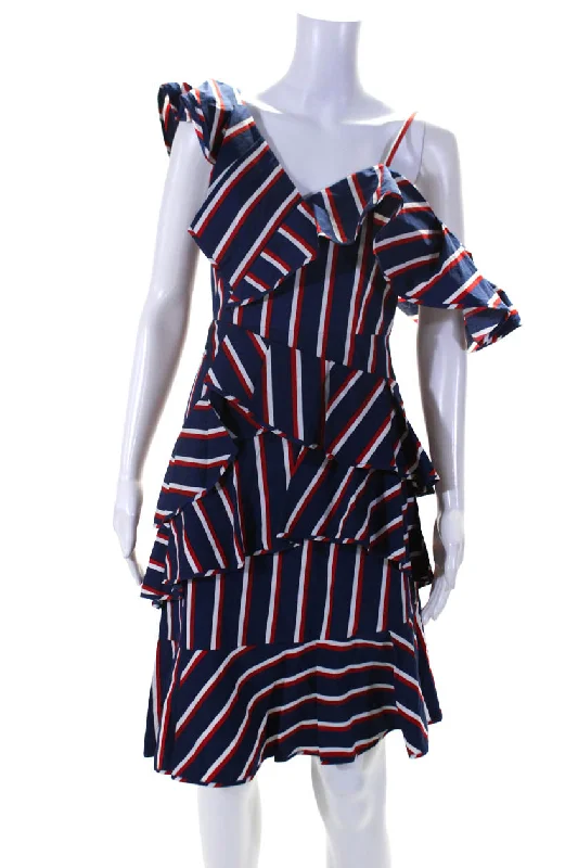 The Best Prices Alice + Olivia Women's One Shoulder Asymmetric Hem Ruffle Dress Navy Red
