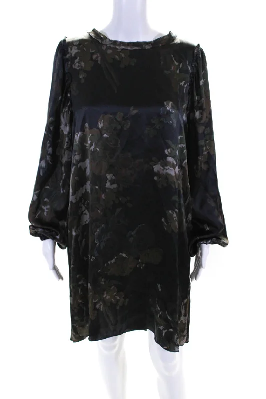 Early Access Gold Hawk Womens Black Floral Silk Scoop Neck Long Sleeve A-line Dress