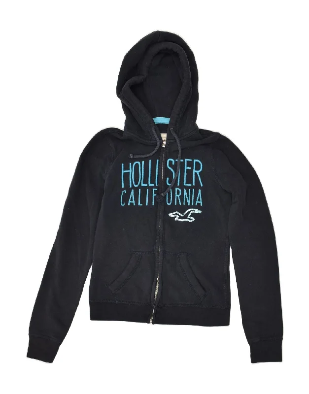 Hurry In HOLLISTER Womens Graphic Zip Hoodie Sweater UK 6 XS Navy Blue Cotton
