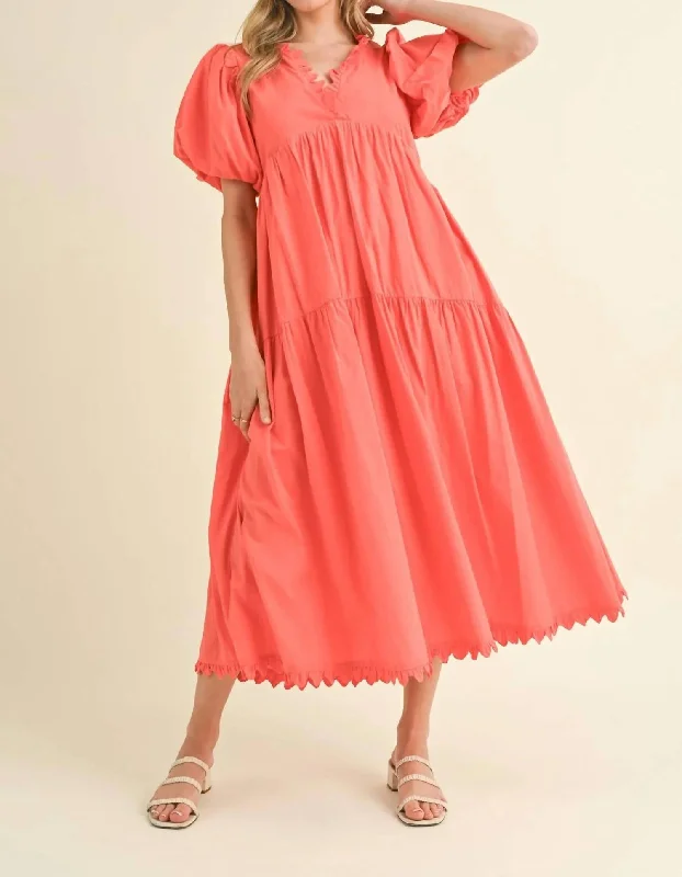 Online Only Scallop Trim Tiered Midi Dress In Coral