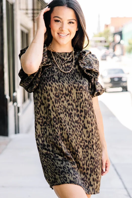 Blowout Sale Give You A Look Olive Green Leopard Shift Dress