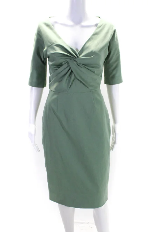 Extra Savings Lela Rose Womens Pleated V-Neck Short Sleeve Zip Up Midi Dress Green