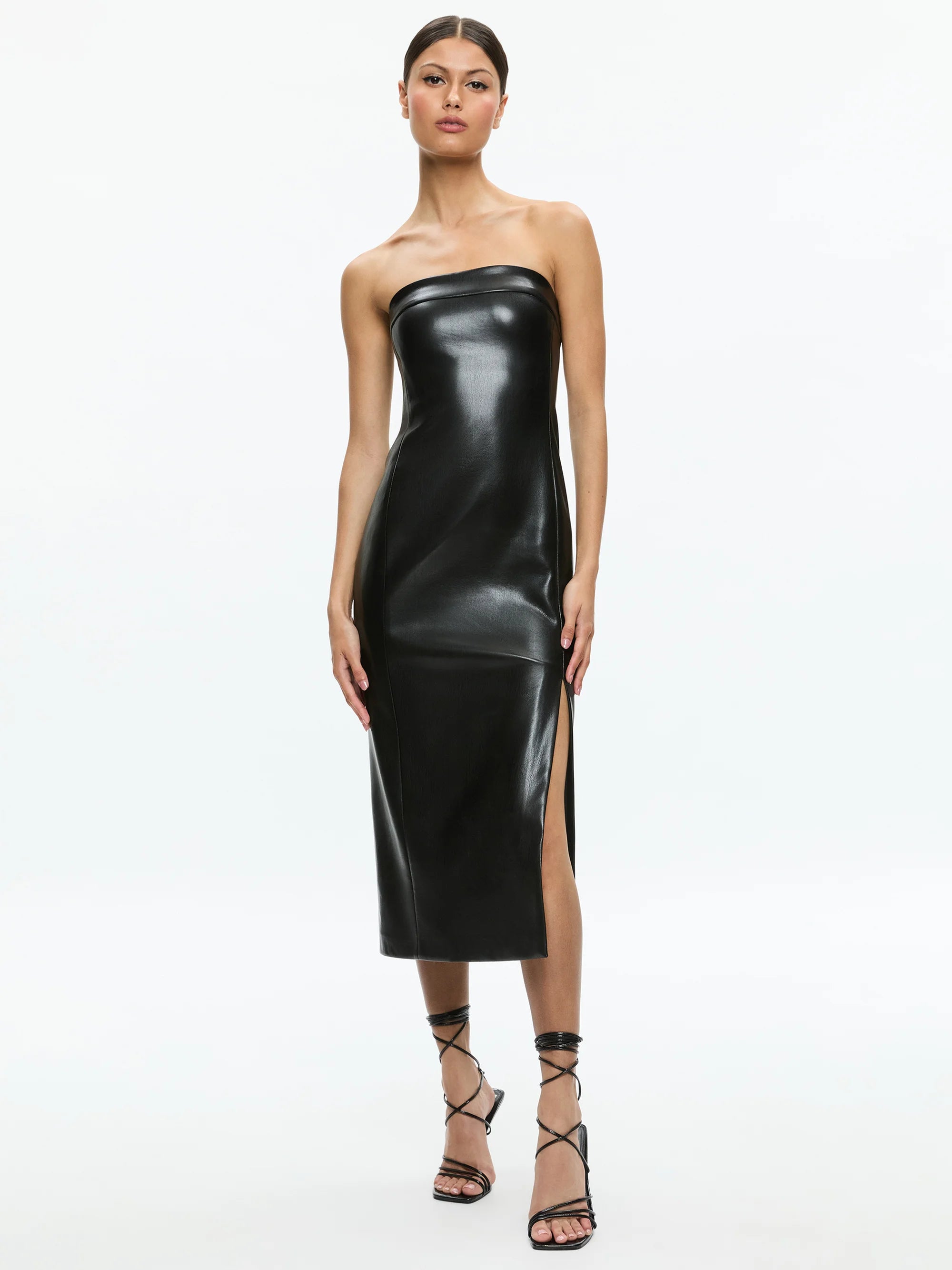Bargain Bin Alice + Olivia - KELLY VEGAN LEATHER HIGH SLIT MIDI DRESS - Black