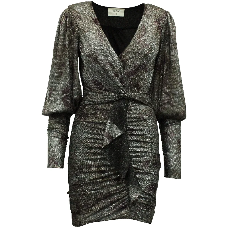 Weekend Flash Sale Ba&Sh Lizie Floral Print Twist Front Knitted Dress in Silver Polyester