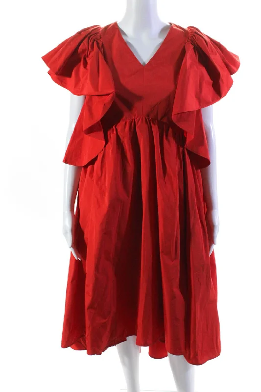 Warehouse Sale Adeam Women's V-Neck Flutter Sleeves Ruffle Flare Midi Matsuri Dress Red