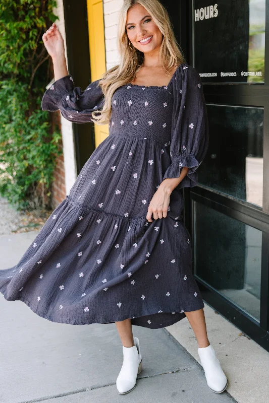 While Supplies Last Always With You Navy Blue Embroidered Midi Dress