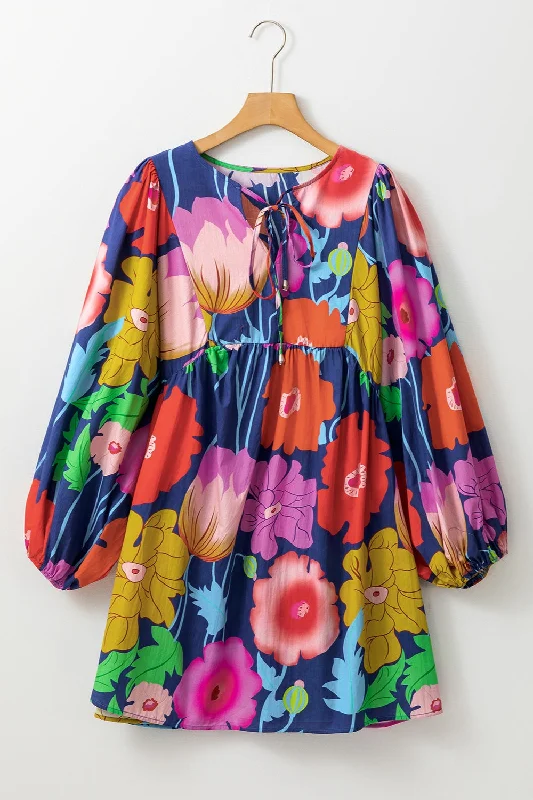 Major Savings Plus Size Printed Tie Neck Long Sleeve Dress