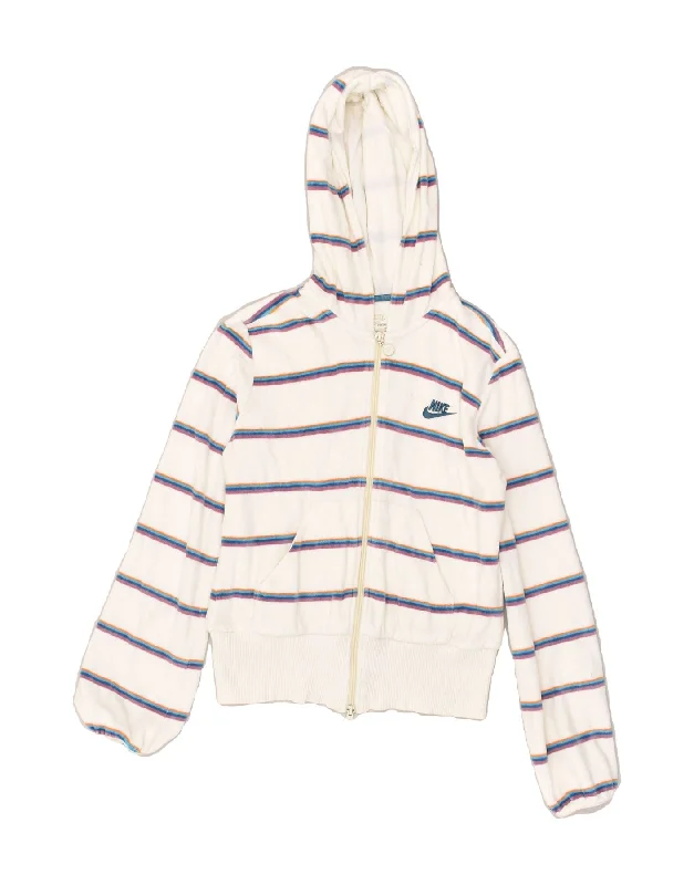 Deep Discounts NIKE Womens Zip Hoodie Sweater UK 8/10 Small White Striped Cotton
