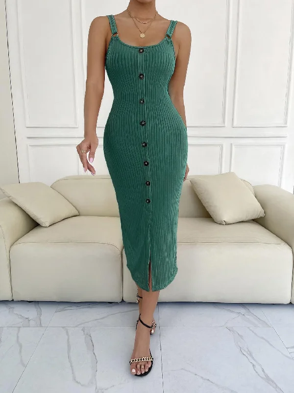 Unmissable Offer Ribbed Slit Decorative Button Cami Dress