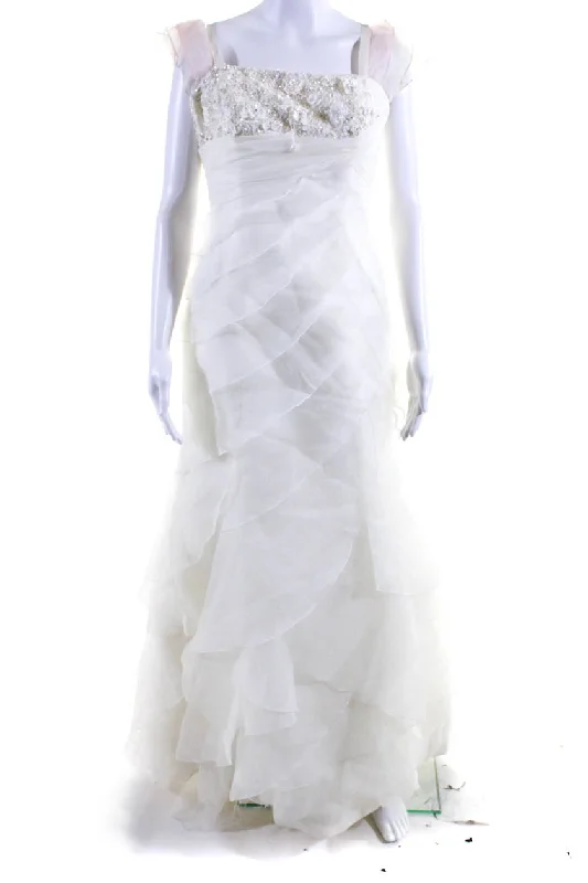 Unbeatable Prices Pronovias Womens Tiered Organza Sleeveless Wedding Dress Gown White Pink