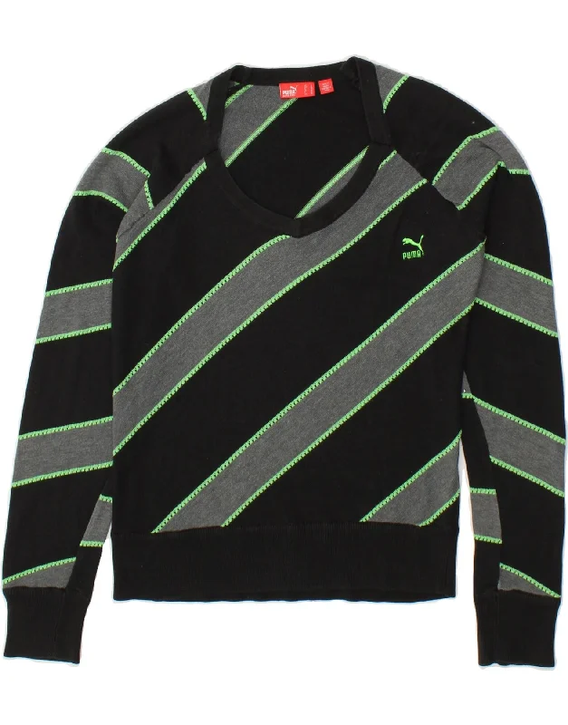 Amazing Deals PUMA Womens V-Neck Jumper Sweater UK 14 Large  Black Striped