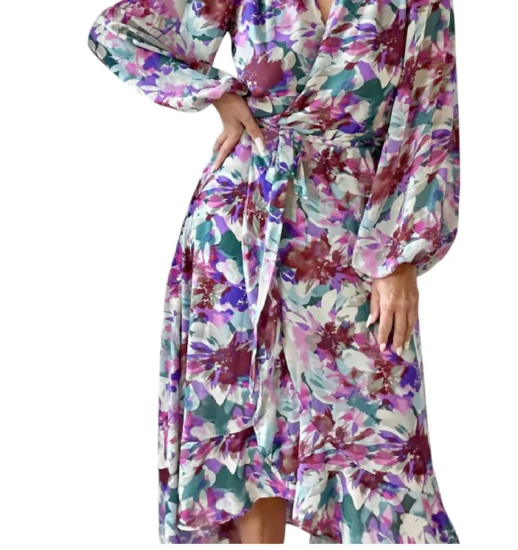 Price Drop Alert Cassandra Long Sleeve Wrap Dress In Purple Multi
