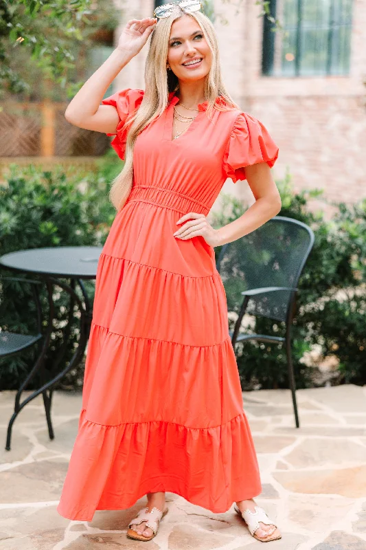 Final Clearance Coming Back For You Red Orange Tiered Midi Dress
