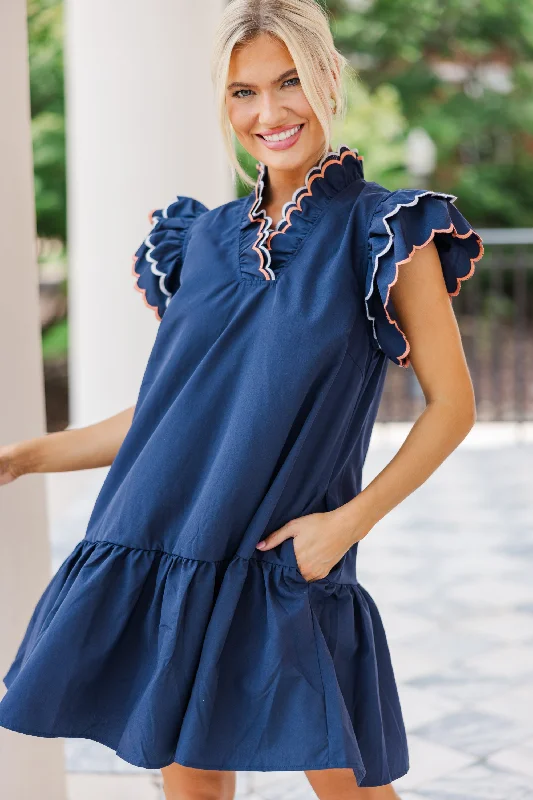 Clearance Sale It's All A Game Navy Blue Scalloped Dress