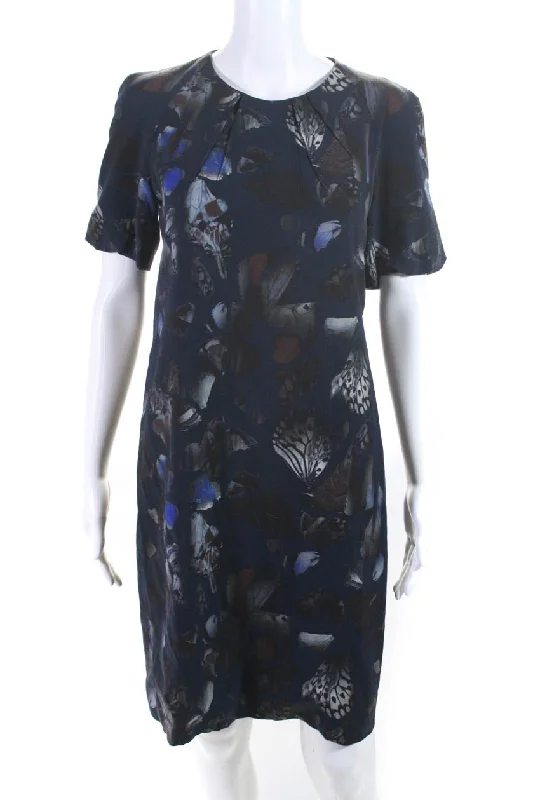 Hurry In Akris Punto Women's Short Sleeve Printed Wool Sheath Dress Navy