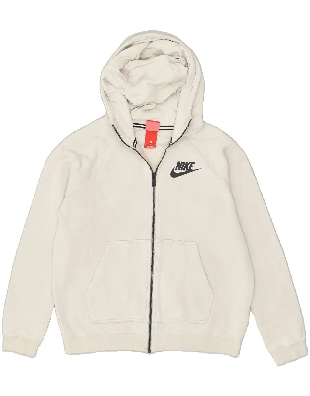 Act Fast NIKE Womens Graphic Zip Hoodie Sweater UK 14 Medium Off White Cotton
