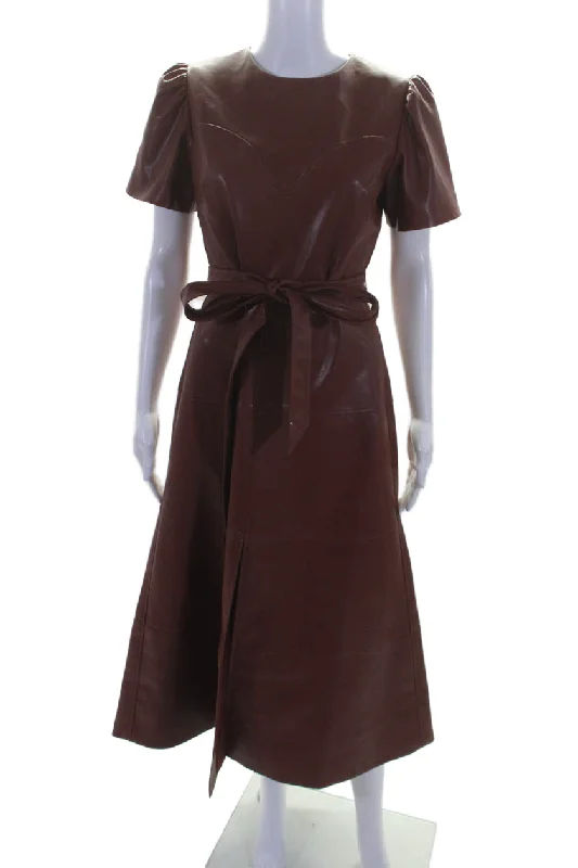 Great Deals Tanya Taylor Womens Vegan Leather Round Neck Short Sleeve Maxi Dress Red
