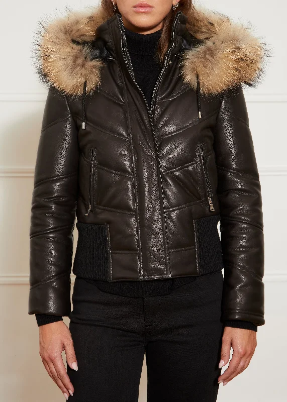 Referral Discount Black Leather Bomber With Fur Trim