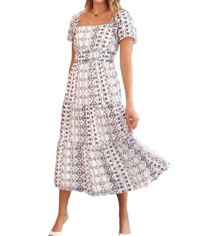 Crazy Savings Faith Embroidered Midi Dress In Navy/white