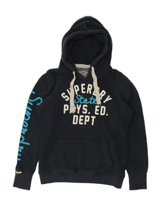 Discount Mania SUPERDRY Womens Graphic Hoodie Jumper UK 16 Large Navy Blue Cotton