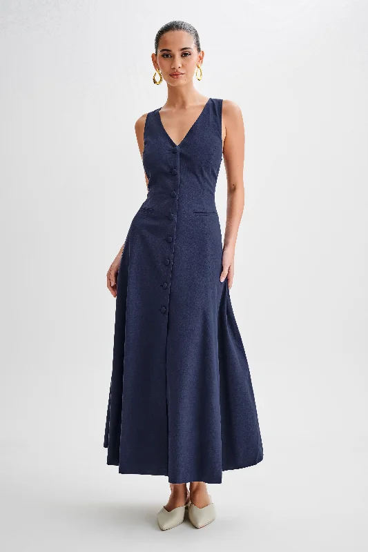 Blowout Sale Theodora Cotton Buttoned Midi Dress - Navy