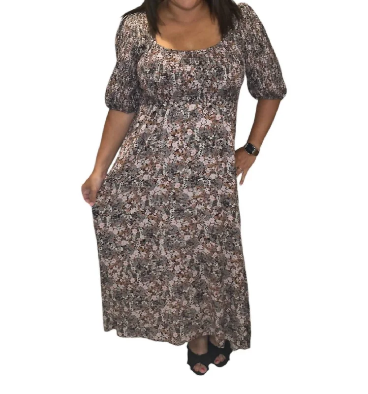 Savings Alert Fall Floral Smocked Midi Dress In Brown
