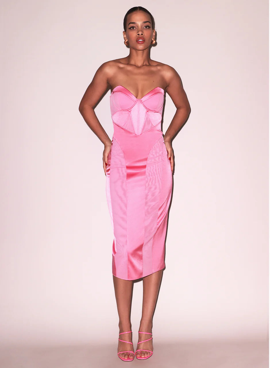 Can't Miss Fleur Du Mal - Satin and Mesh Bustier Midi Dress - Pink Obsession