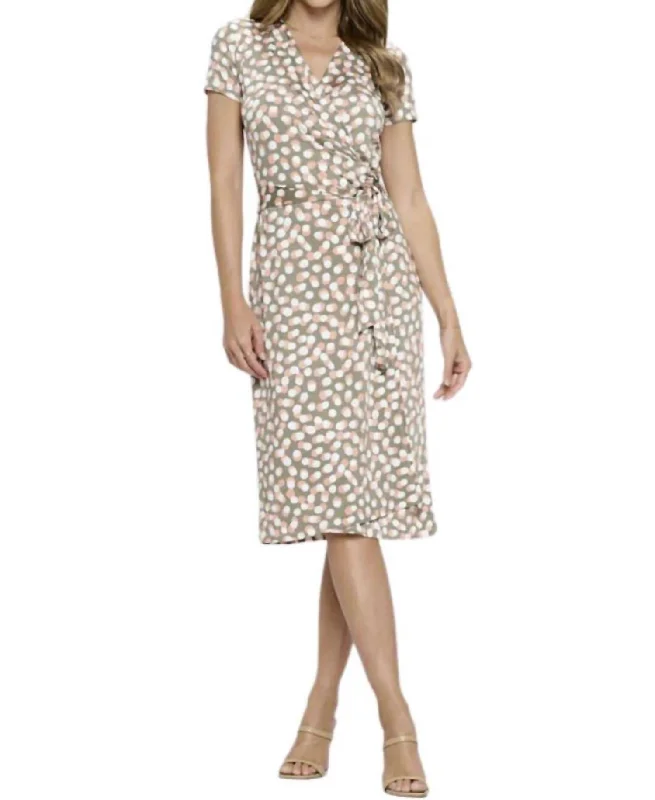 Act Now Polka Dot V Neck Wrap Dress With Tie In Light Olive