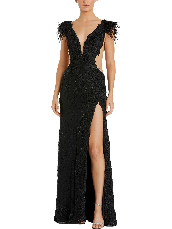 One-DAY Sale Womens Feathers Illusion Evening Dress