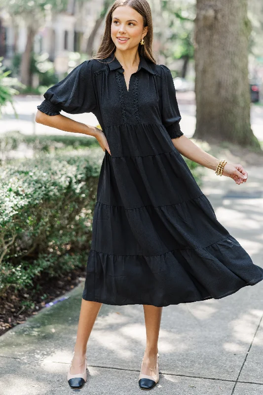 Best Deals Looking For You Black Tiered Midi Dress