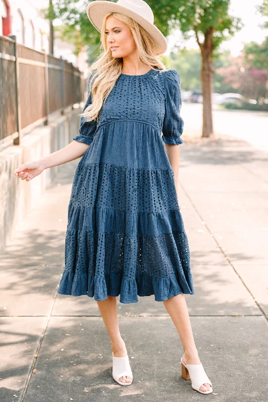 Hot Deal Making Moves Navy Blue Eyelet Midi Dress