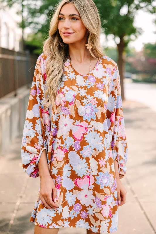 Super Sale Loud And Clear Brown Floral Bubble Sleeve Dress