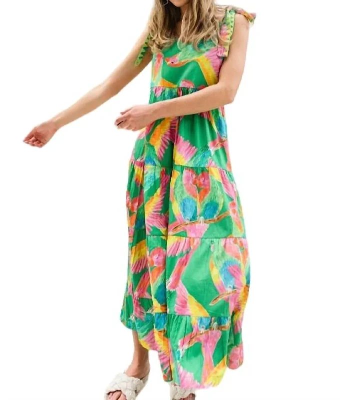 Weekend Deal Annie Embroidered Tie Shoulder Maxi Dress In Tropical Bird