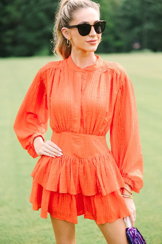 Online Only Olivaceous: Contain Your Joy Orange Pleated Dress