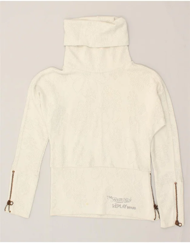 Closeout REPLAY Womens Roll Neck Sweatshirt Jumper UK 14 Medium White Cotton