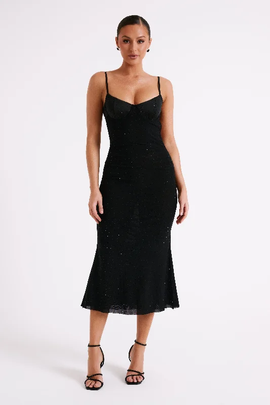 Factory Direct Sale Novah Hot Fix Mesh Midi Dress - Black