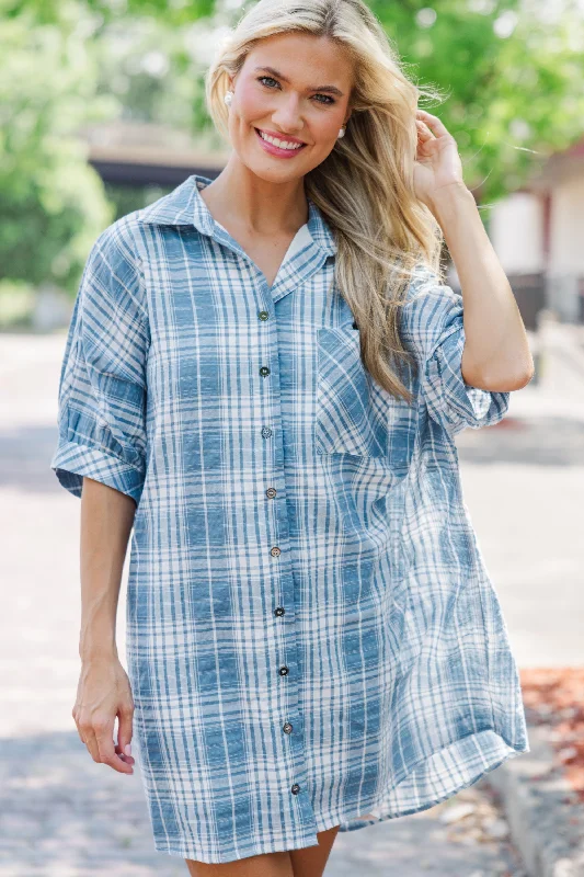 Super Bargain Call On You Chambray Blue Plaid Dress